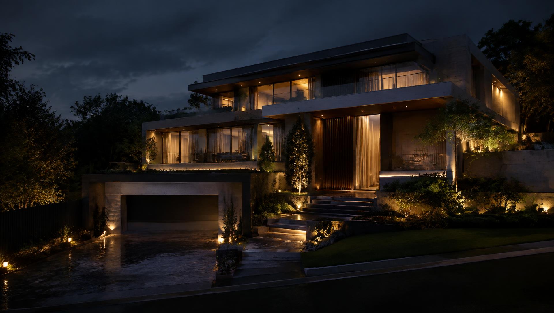 Projeto residencial finalizado ao anoitecer